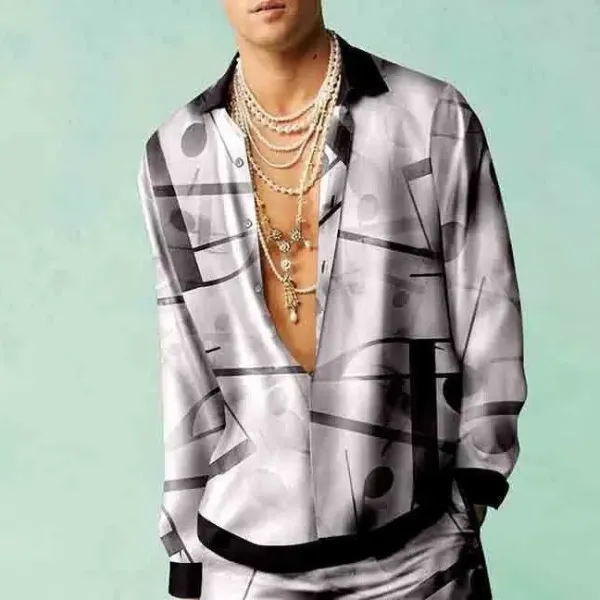 Design Abstract Print Silk Shirt and Pants Set Gray Multicolor - 1