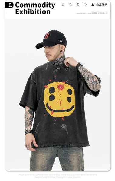Design LOG Smiley Face Distressed Black T-Shirt T-Shirts - 11