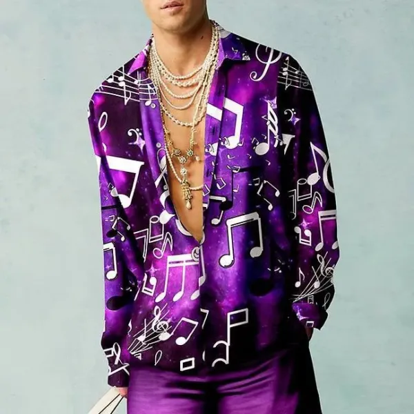 Design Music Note Print Purple Silk Shirt Tops Shirt - 1