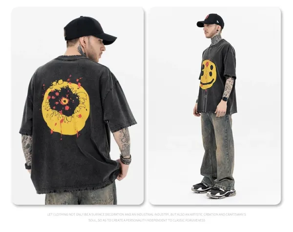 Design LOG Smiley Face Distressed Black T-Shirt T-Shirts - 13