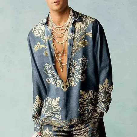 Versace Baroque Print Silk Shirt Navy Gold Tops Shirt - 1