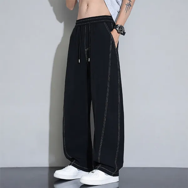 Design Wide-Leg Track Pants with Contrast Stitching Black Pants Sweatpants - 1