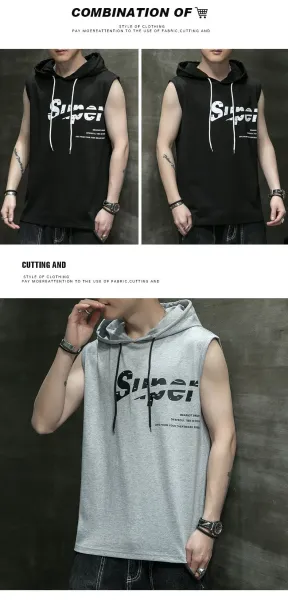 Design Sleeveless Hoodie Gray Graphic Print Vest-Top - 10