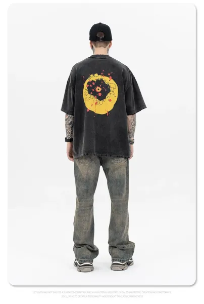 Design LOG Smiley Face Distressed Black T-Shirt T-Shirts - 16