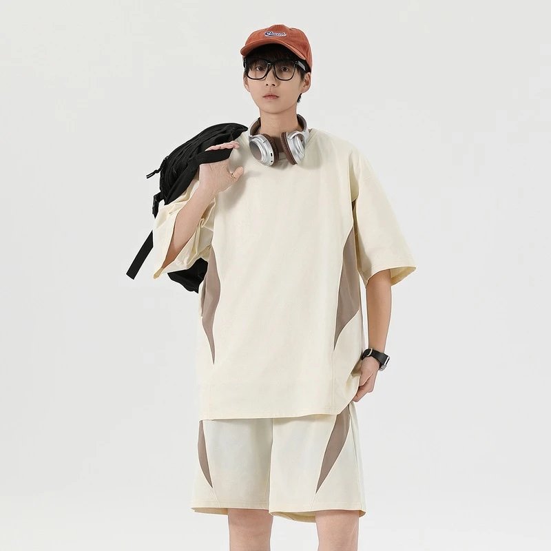 Design Oversized T-Shirt and Shorts Set Beige with Black Stripes Casual Set - 45