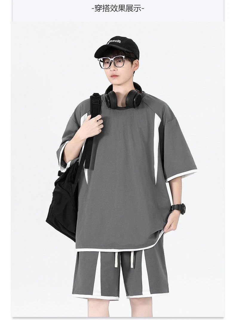 Design Oversized T-Shirt and Shorts Set Beige with Black Stripes Casual Set - 6