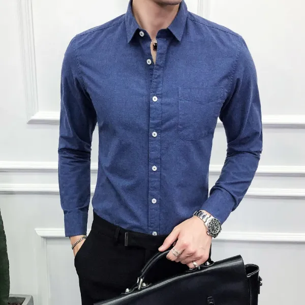 Design Slim Fit Chambray Shirt Navy Blue Shirt - 1