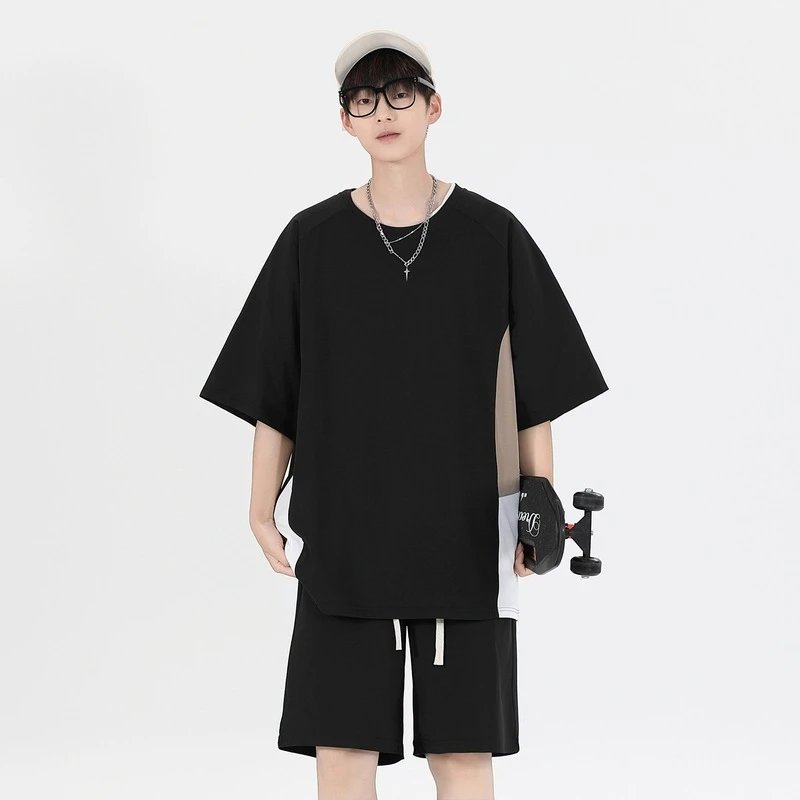 Design Oversized T-Shirt and Shorts Set Beige with Black Stripes Casual Set - 29
