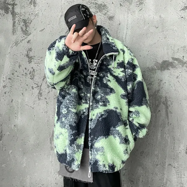 Design Fleece Camo Oversized Jacket Lime Green and Black Outerwear.jacket - 1
