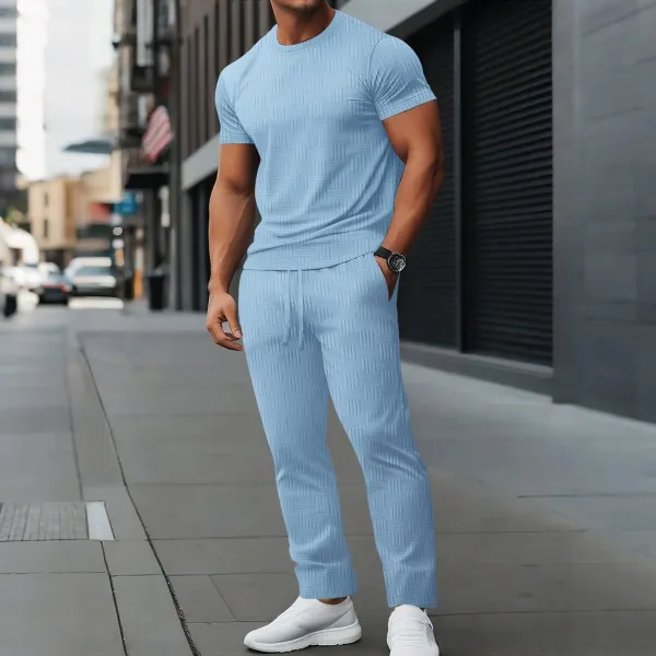 Design Textured Light Blue Two-Piece Set T-Shirt and Jogger Pants - 1