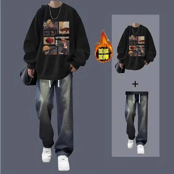 Design LETTHEHEART Graphic Print Oversized Hoodie + Gradient Washed Jeans Set Casual Set - 1