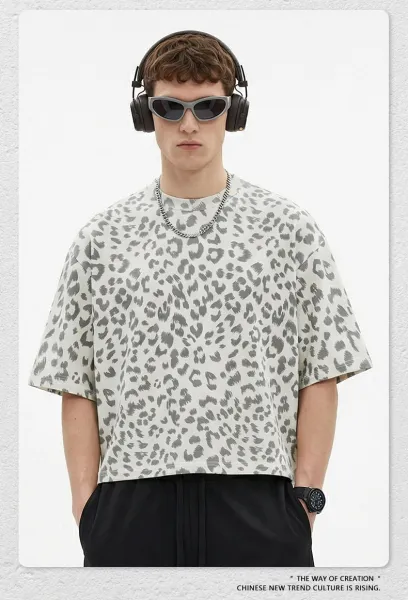 Design Beingmove Leopard Print Oversized T-Shirt Gray T-Shirts - 21