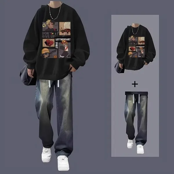 Design Graphic Print Oversized Hoodie and Washed Gradient Pants Set - 4