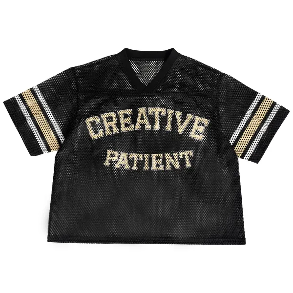 Design Mesh Jersey Top Black with Gold 'Creative Patient' Graphic - 1