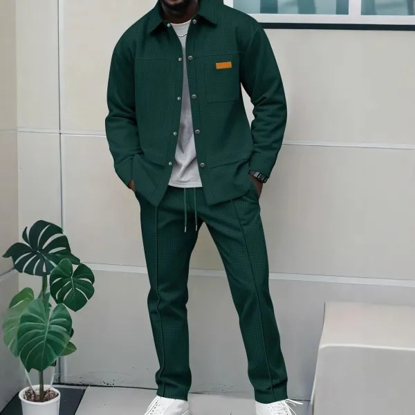Design Waffle-Texture Utility Shirt and Jogger Set Forest Green - 1