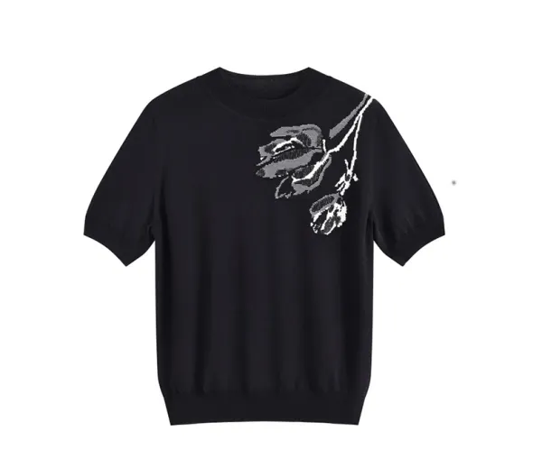 Design Floral Knit Short-Sleeve Sweater Black - 10