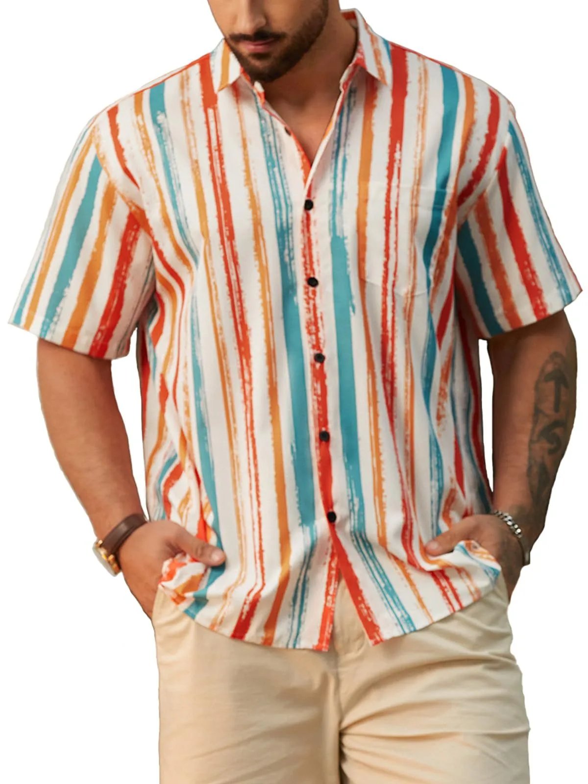 Design Harddaddy Striped Short-Sleeve Button-Up Shirt White and Gray Shirt - 15