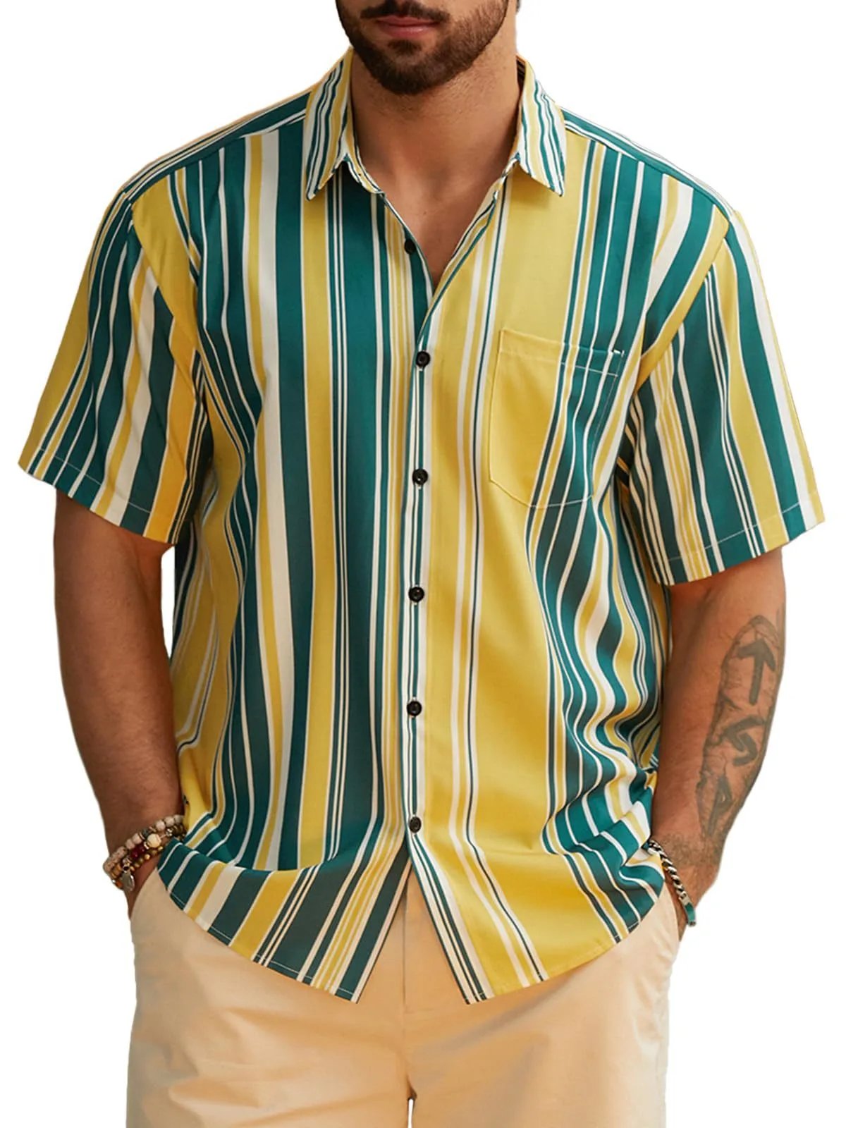 Design Harddaddy Striped Short-Sleeve Button-Up Shirt White and Gray Shirt - 13