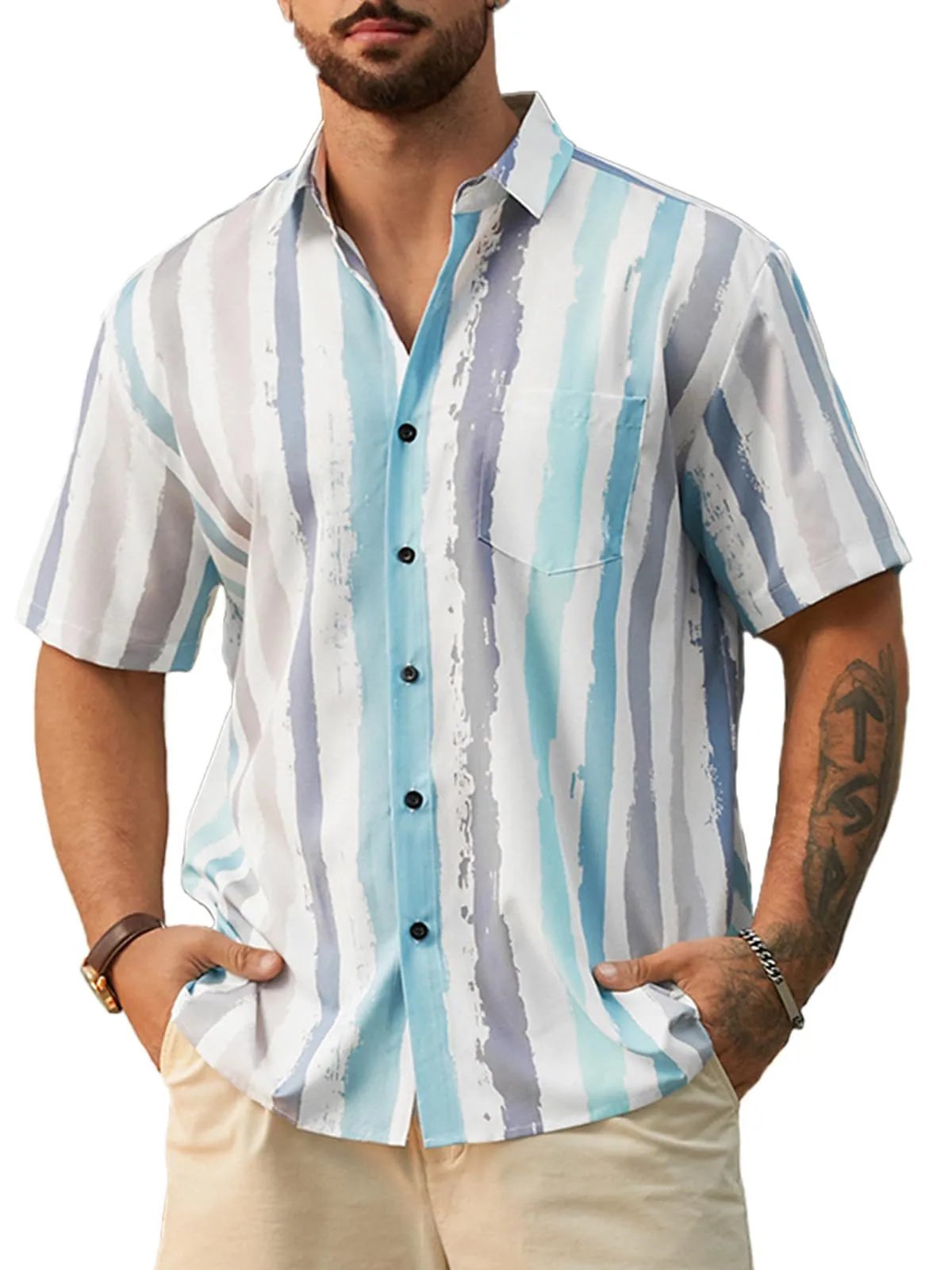 Design Harddaddy Striped Short-Sleeve Button-Up Shirt White and Gray Shirt - 8