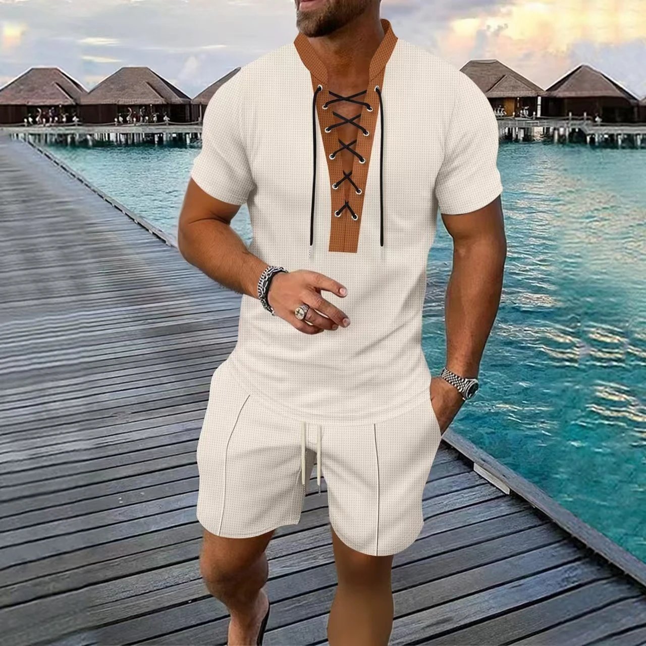 Design Lace-Up V-Neck Short Set Gray - 19