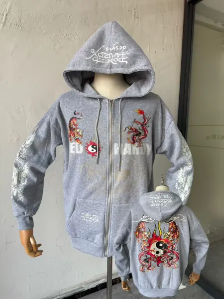 Ed Hardy Designs Dragon Tiger Yin Yang Zip-Up Hoodie Gray - 1