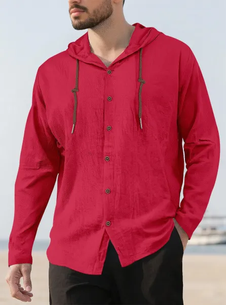 Design Hooded Button-Up Shirt Red - 1