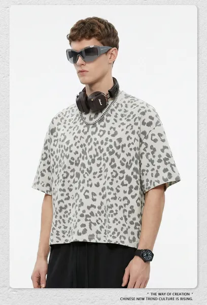 Design Beingmove Leopard Print Oversized T-Shirt Gray T-Shirts - 19