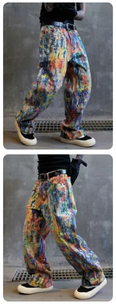 Design Abstract Paint Splatter Wide-Leg Pants Multicolor Pants - 7