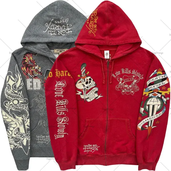 Design Ed Hardy Tattoo Hoodie Olive Green Zip-Up Hoodie - 5