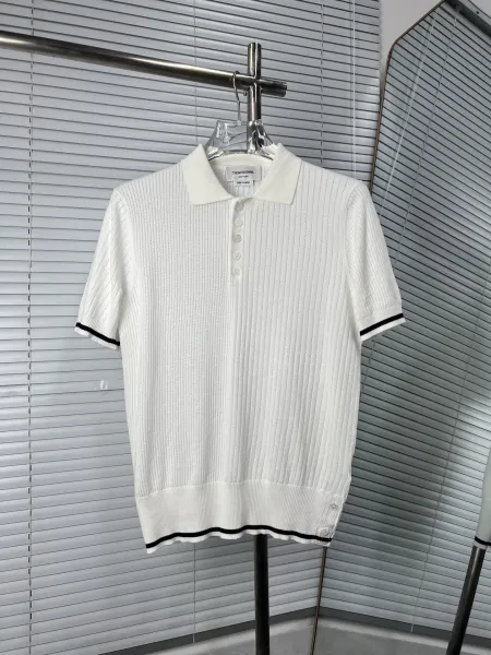 Thom Browne Ribbed Knit Polo Navy with White Trim Polo Shirt - 7