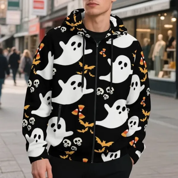Design Halloween Ghost Print Zip-Up Hoodie Black Hoodie - 1