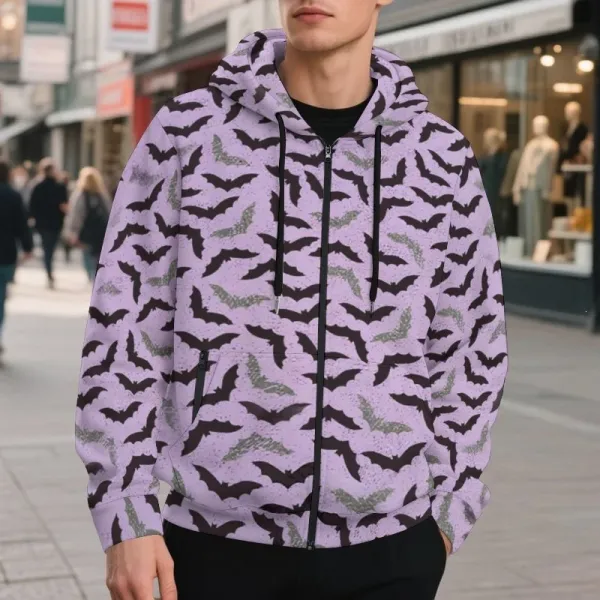 Design Bat Print Zip-Up Hoodie Lavender - 1