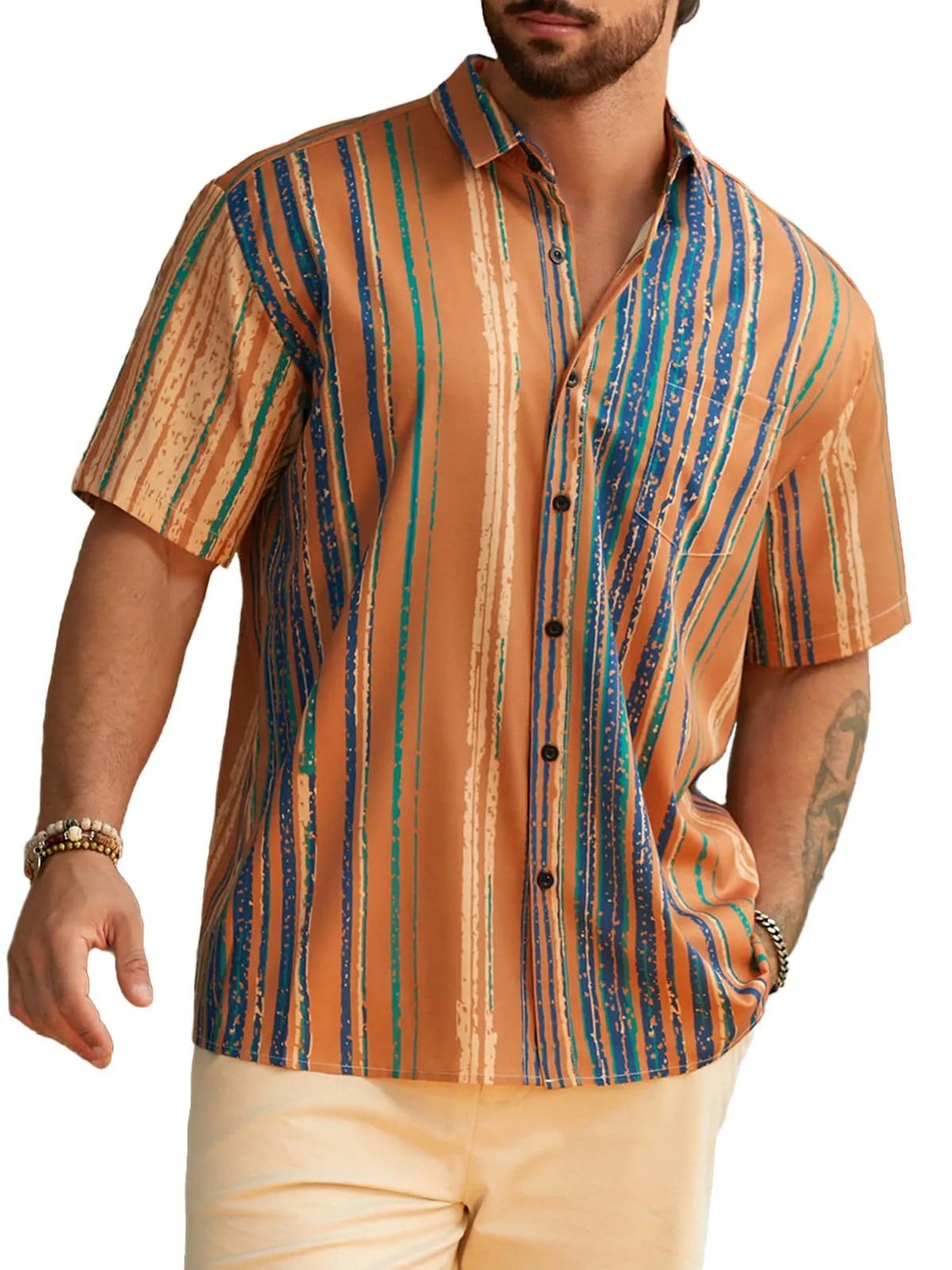 Design Harddaddy Striped Short-Sleeve Button-Up Shirt White and Gray Shirt - 11
