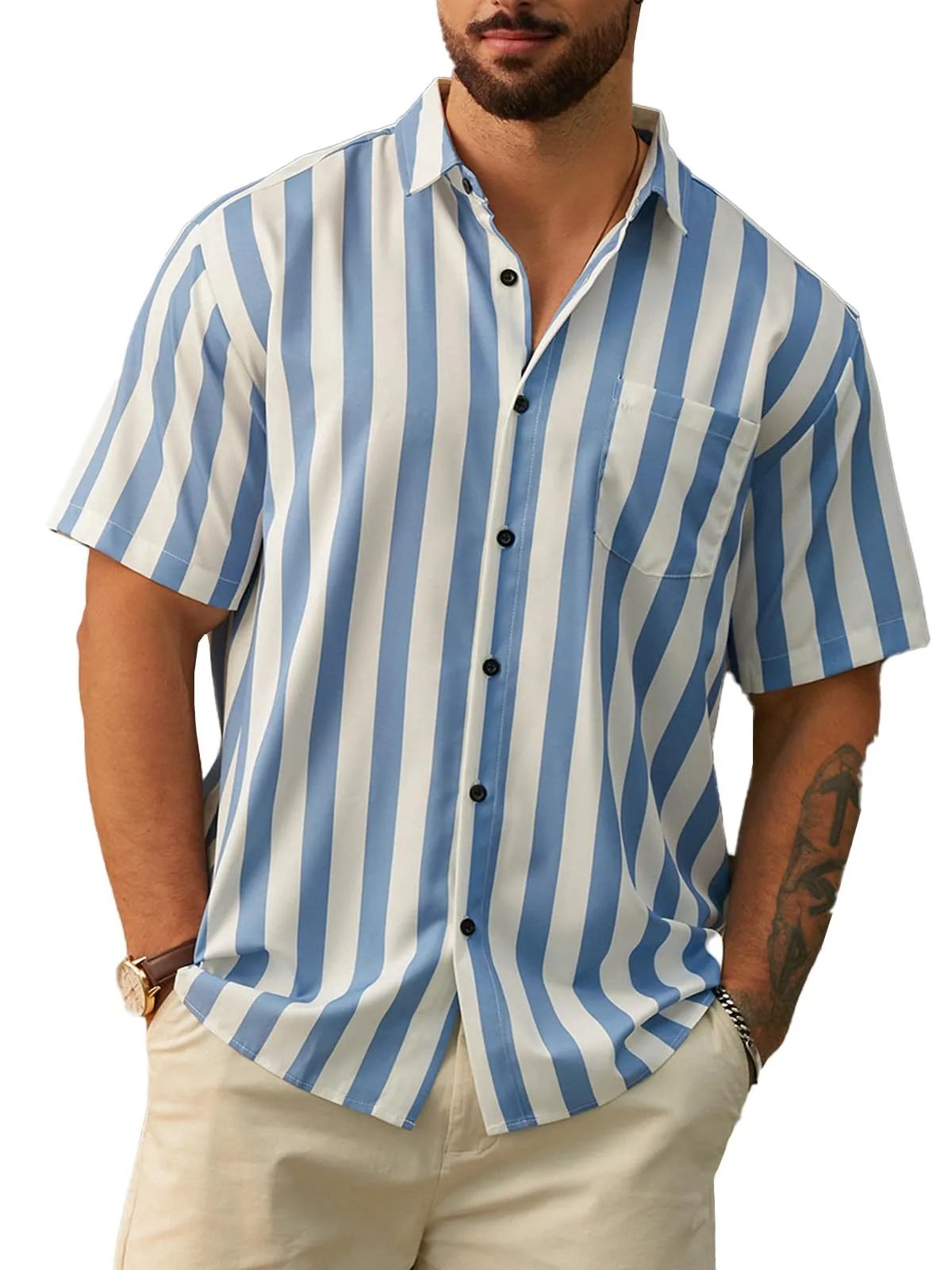Design Harddaddy Striped Short-Sleeve Button-Up Shirt White and Gray Shirt - 17