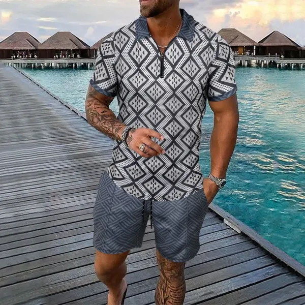 Design Geometric Print Half-Zip Polo Shirt and Patterned Shorts Set Tops Polo - 1
