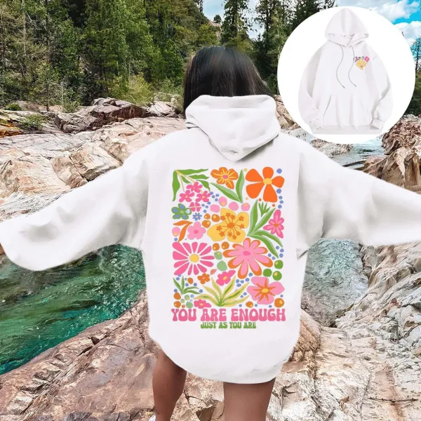 Design Floral Print 'You Are Enough' Oversized Hoodie White - 1
