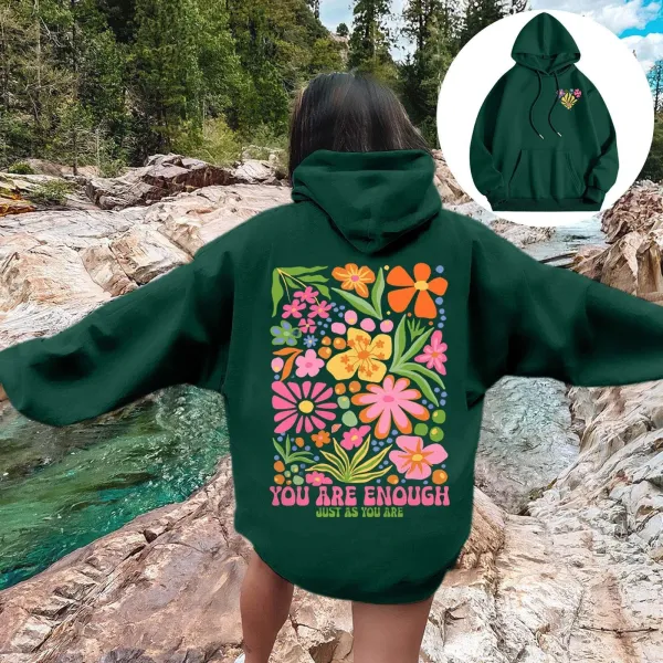 Design Floral Print 'You Are Enough' Oversized Hoodie Forest Green - 1