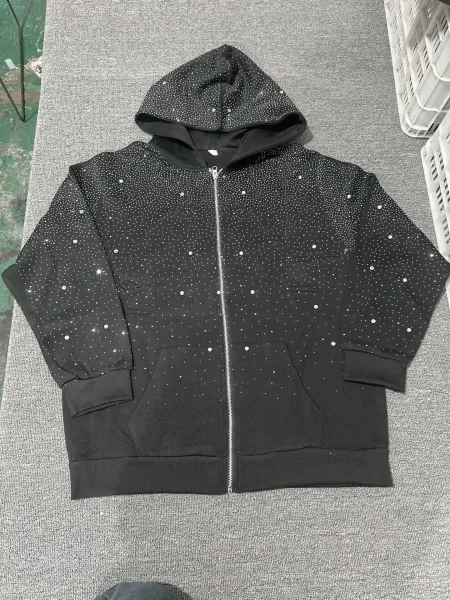 Design Rhinestone-Embellished Black Full-Zip Hoodie - 1