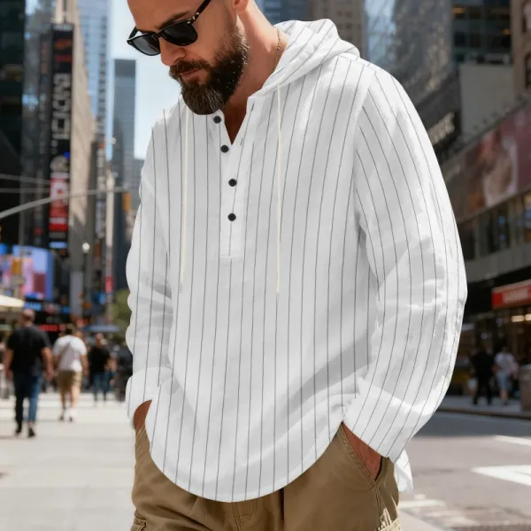 Design Striped Hooded Henley Shirt Gray Hoodie - 10