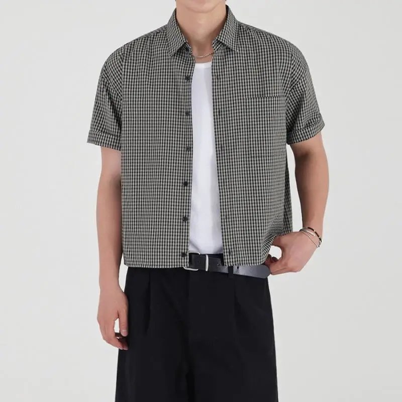 Design Short-Sleeve Gingham Shirt Olive Green Tops Shirt - 3