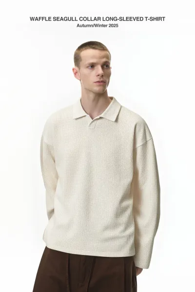 Design Waffle Knit Polo Shirt Beige Tops Polo - 7