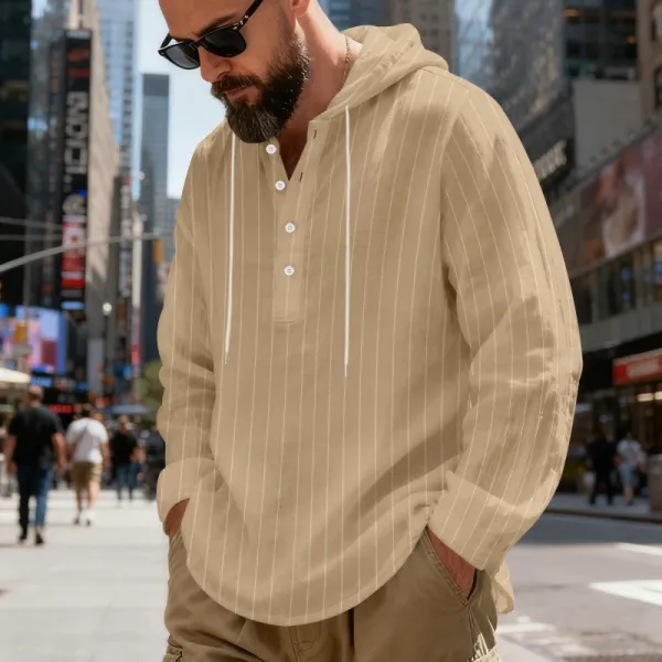 Design Striped Hooded Henley Shirt Gray Hoodie - 24