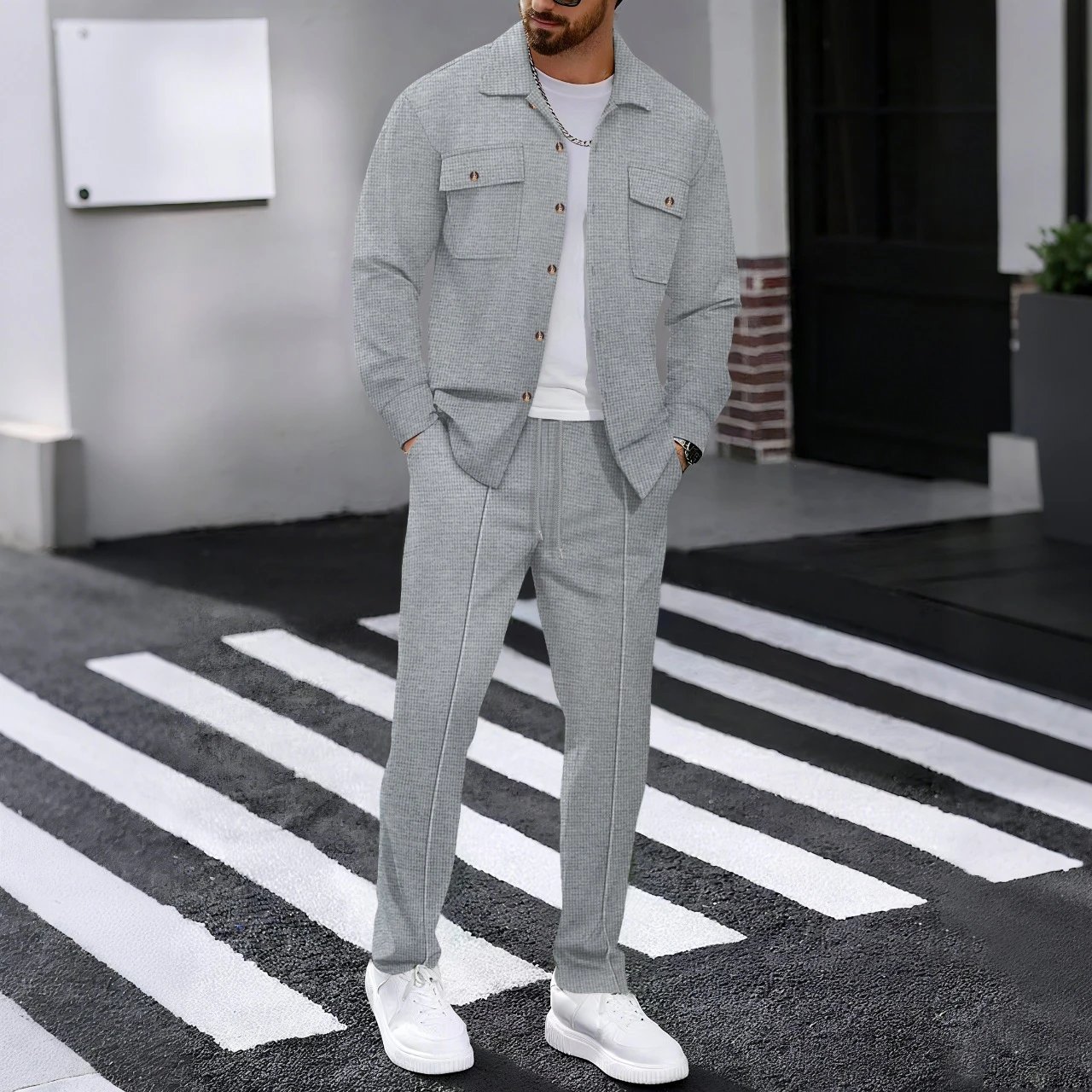 Design Gray Houndstooth Two-Piece Set with White T-Shirt and Chunky Sneakers
