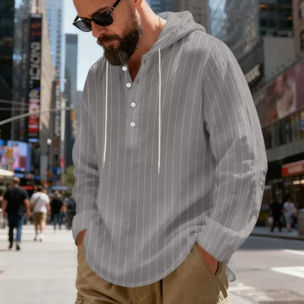 Design Striped Hooded Henley Shirt Gray Hoodie - 38
