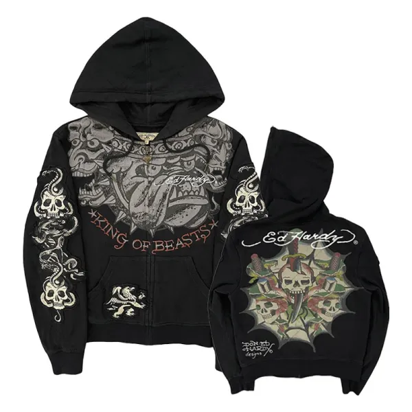 Design Ed Hardy Tattoo Hoodie Olive Green Zip-Up Hoodie - 6