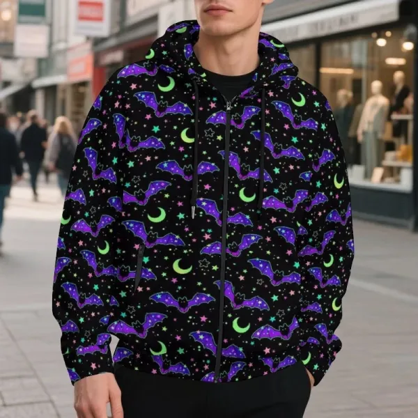 Design Bat Print Zip-Up Hoodie Black - 1