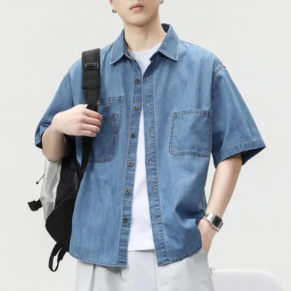 Design Denim Shirt Short Sleeve Light Blue Shirt Tops Shirt - 1