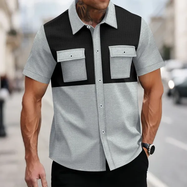 Design Color-Block Short-Sleeve Shirt Gray and Black Tops Shirt - 1