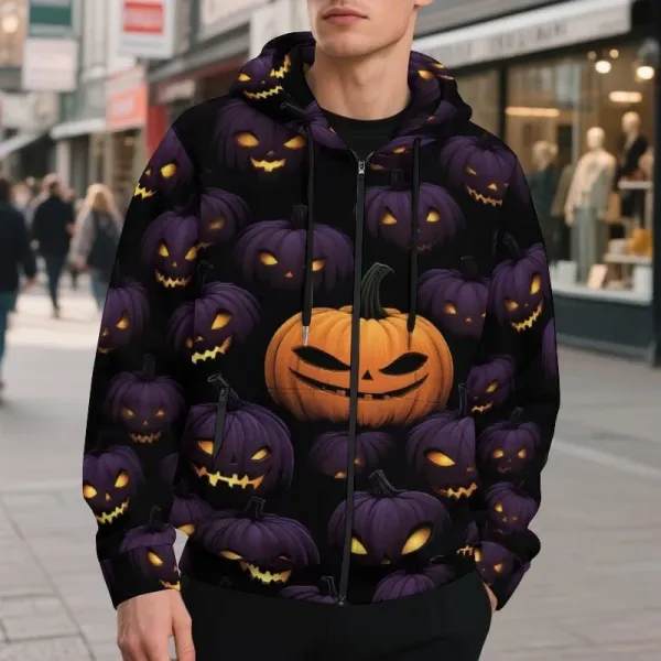 Design Halloween Pumpkin Print Zip-Up Hoodie Black Hoodie - 1