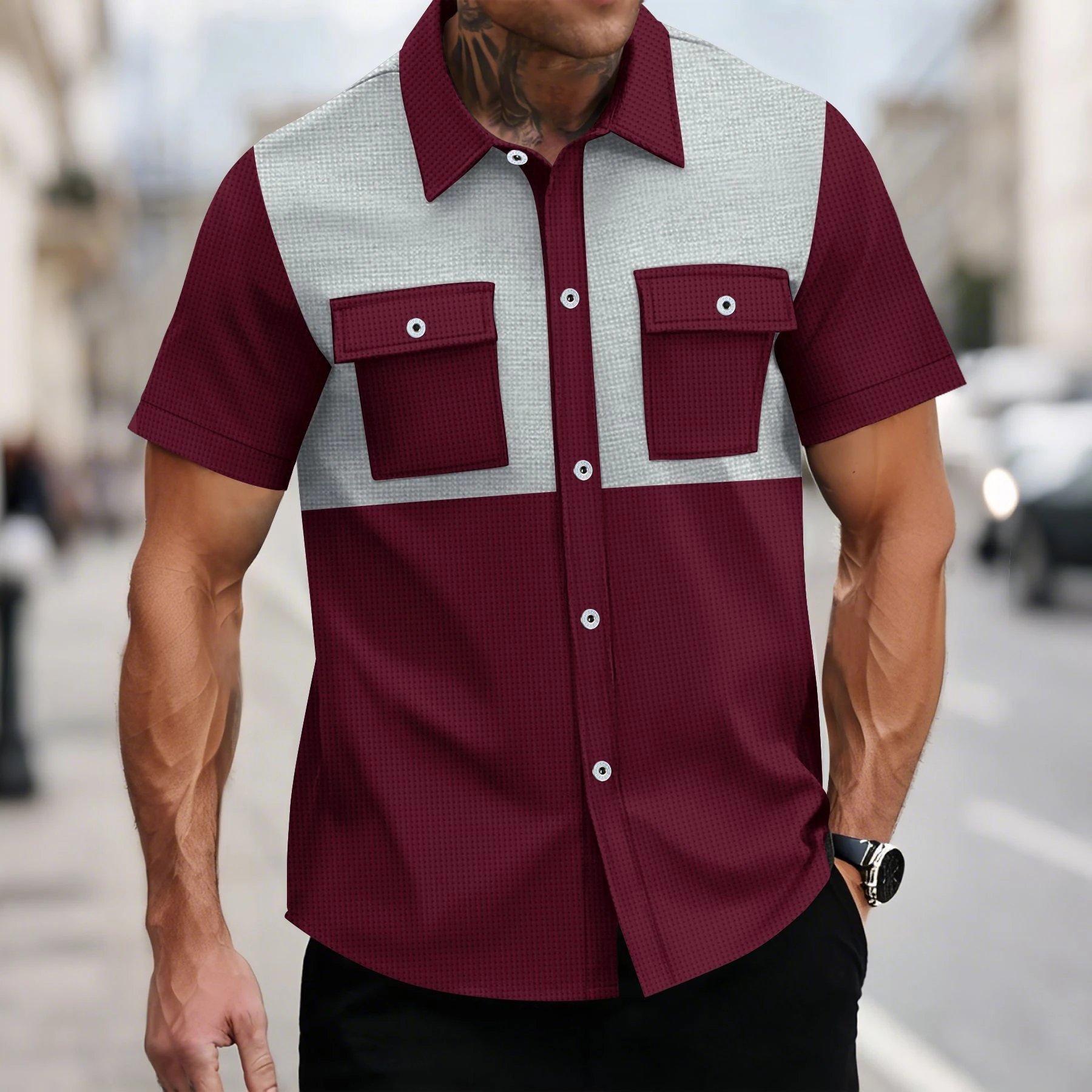 Design Color-Block Waffle Texture Short-Sleeve Shirt Burgundy / Gray - 8